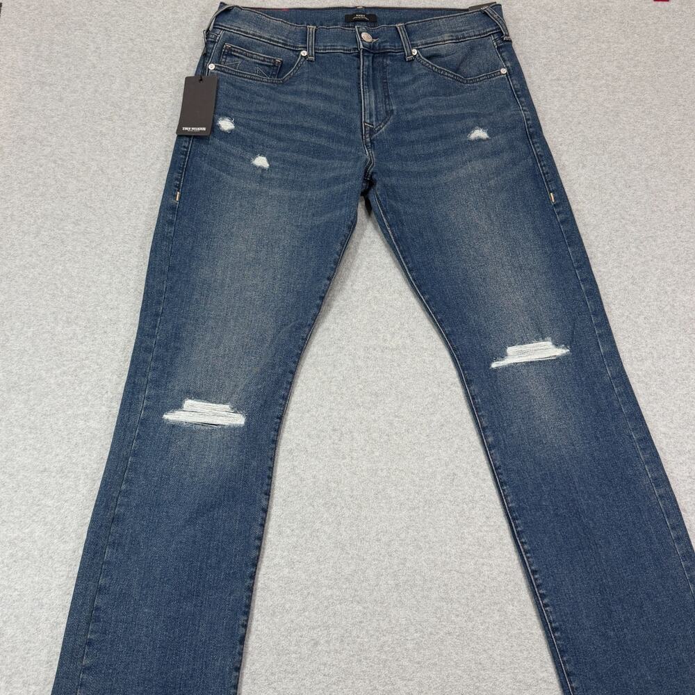 True Religion Ricky Rip Repair Relaxed Straight Jeans Men 36x34 Blue Comet NWT